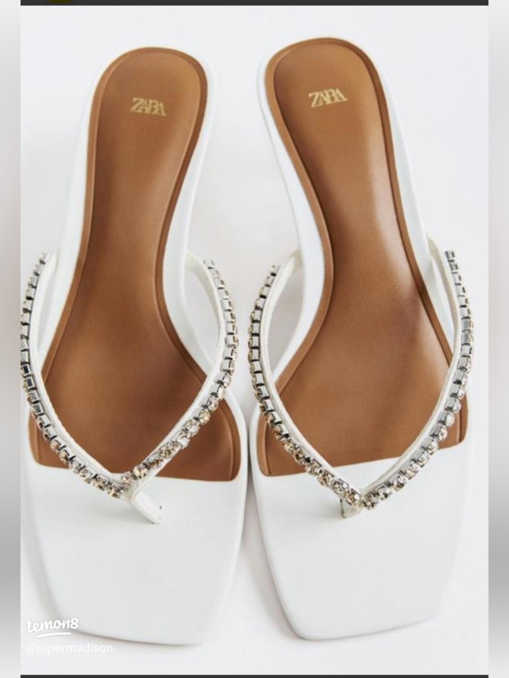 NWT Zara white Rhinestone Strap kitten heels Sandals